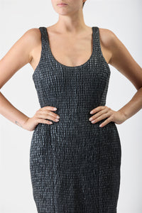 Girard Shirred Maxi Dress with Lining in Black Pearlized Nappa Leather