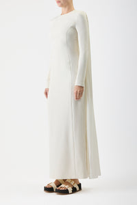 Carlota Draped Maxi Gown in Ivory Silk Wool Cady