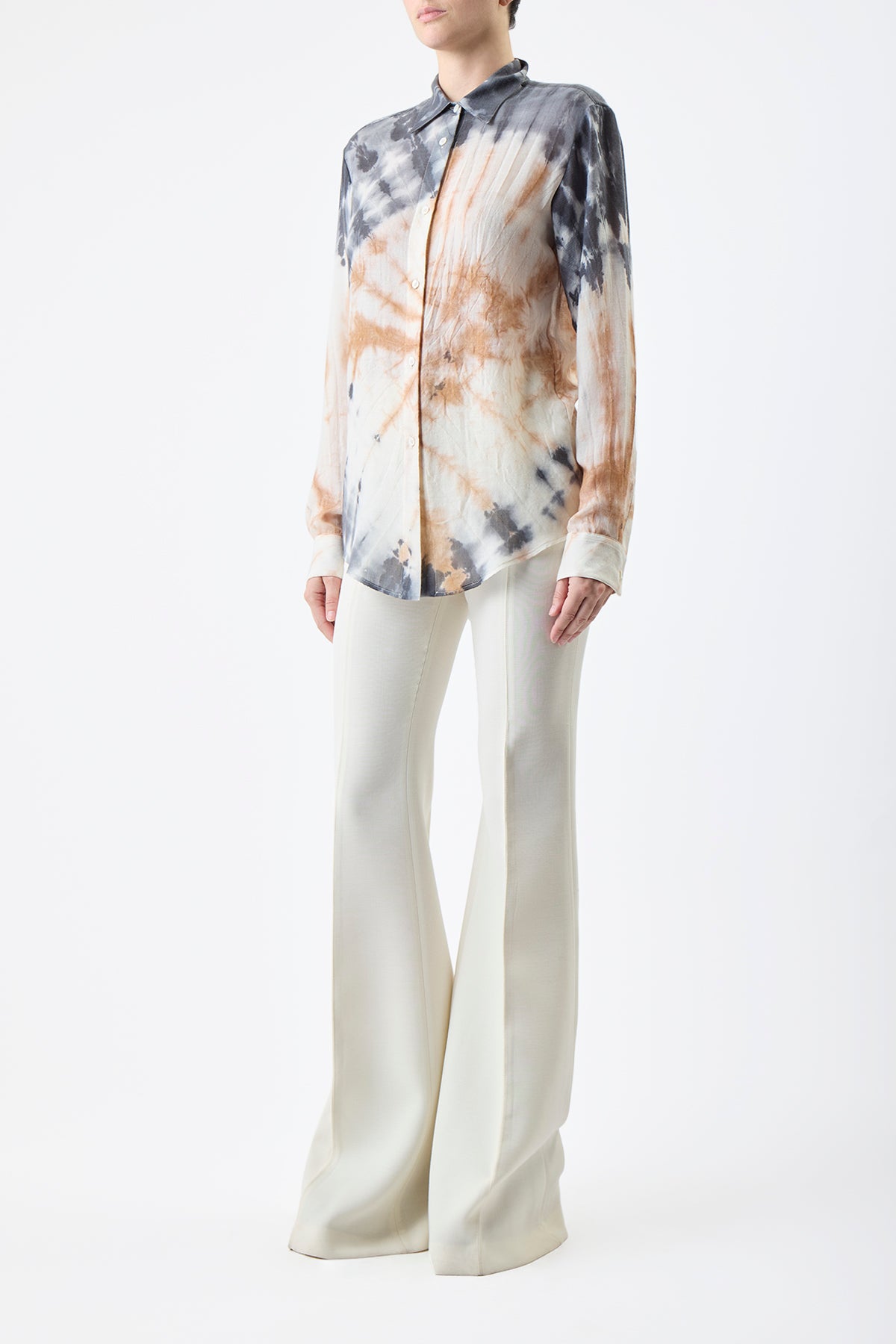 Ferrara Shirt in Camel Multi Tie Dye Cashmere Silk Gauze