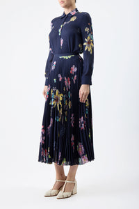 Eames Midi Skirt in Dark Navy Multi Printed Silk Georgette
