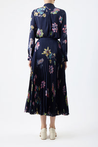 Eames Midi Skirt in Dark Navy Multi Printed Silk Georgette