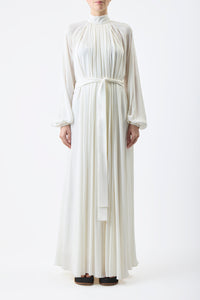 Cedric Pleated Maxi Dress in Ivory Silk Georgette Twill