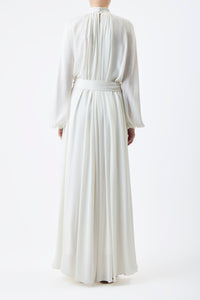 Cedric Pleated Maxi Dress in Ivory Silk Georgette Twill