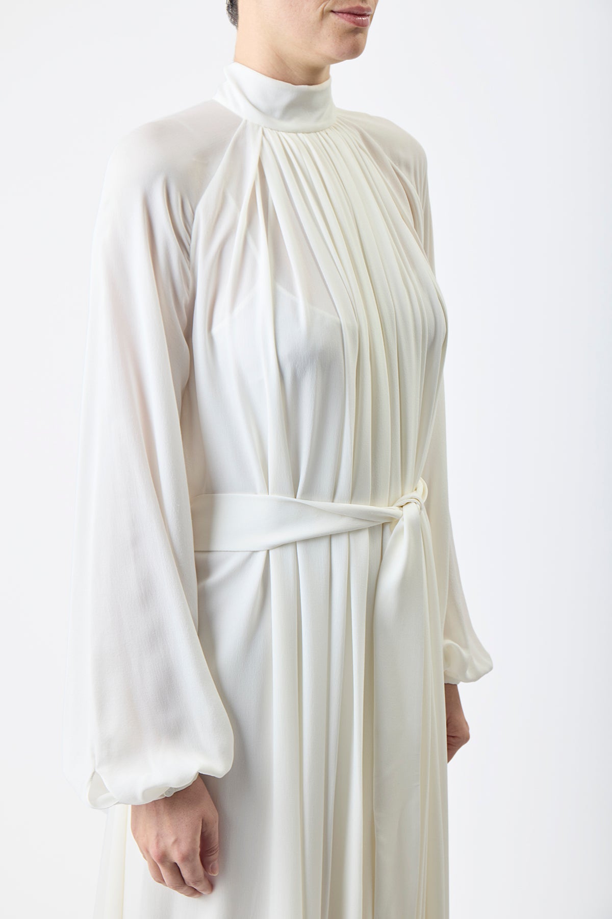 Cedric Pleated Dress in Ivory Silk Georgette