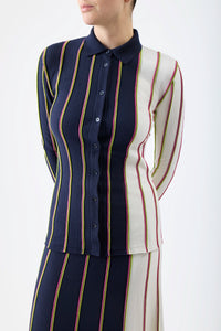 Tessa Knit Shirt in Navy Multi Striped Merino Wool