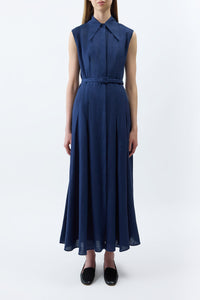 Durand Pleated Maxi Shirtdress in Electric Navy Aloe Linen