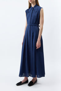 Durand Pleated Maxi Shirtdress in Electric Navy Aloe Linen