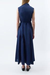 Durand Pleated Maxi Shirtdress in Electric Navy Aloe Linen