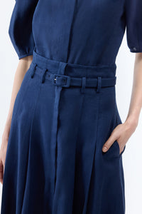 Dugald Pleated Midi Skirt in Electric Navy Aloe Linen