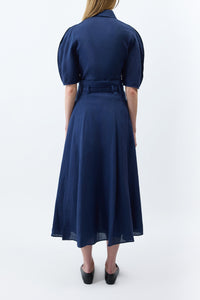 Dugald Pleated Midi Skirt in Electric Navy Aloe Linen