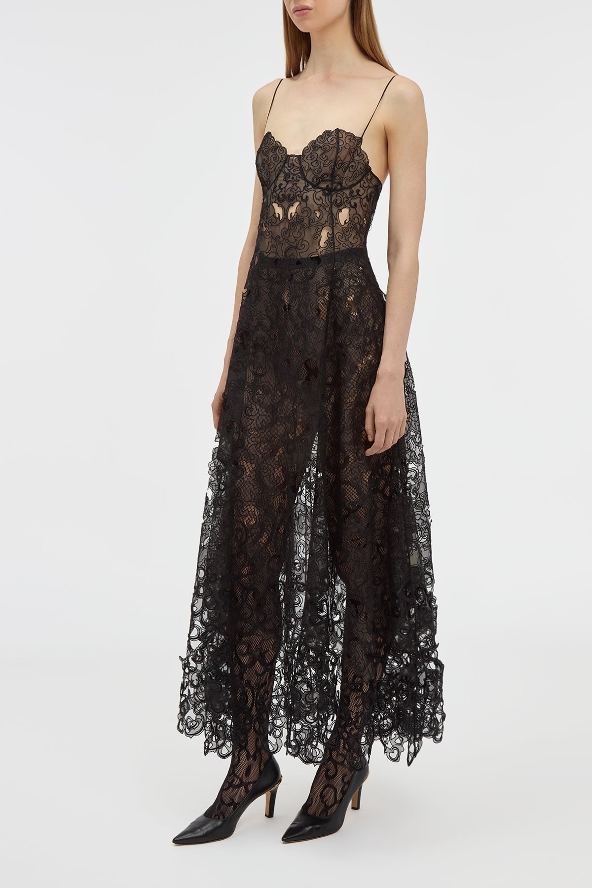 Luma Slip Midi Dress in Black Silk Organza Lace