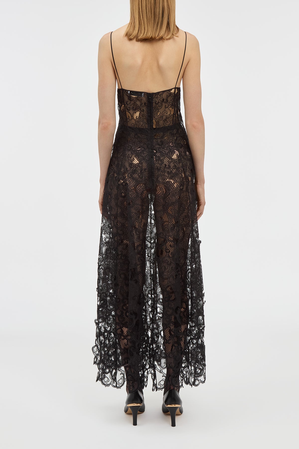 Luma Slip Midi Dress in Black Silk Organza Lace