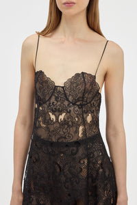 Luma Slip Midi Dress in Black Silk Organza Lace