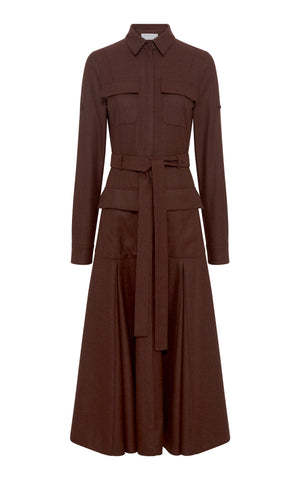 Meyer Pleated Maxi Shirtdress in Burnt Sienna Wool Cashmere Flannel