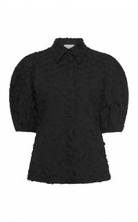 Sansi Embroidered Leaves Top in Black Linen