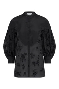 Sofia Mia's Flowers Embroidered Blouse in Black Silk Organza