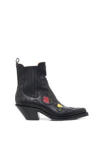 Cassidy Hand Painted Cowboy Ankle Boot in Black Leather with Floral Motif