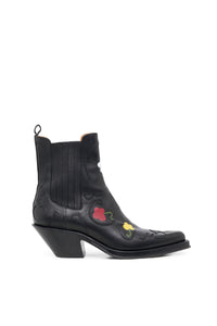 Hand Painted Cassidy Cowboy Ankle Boot in Black, Yellow & White Floral Leather