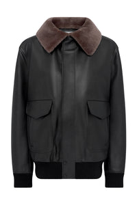 Grant Bomber Jacket in Black Leather with Shearling Collar