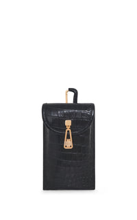Medium Leonora Flap Bag in Black Crocodile Leather with Sunglasses Pouch