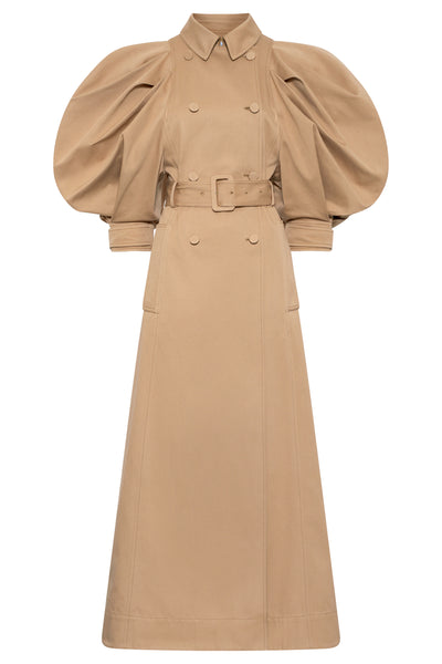 Aeon Puff Sleeve Trench Coat in Camel Sea Island Cotton Twill