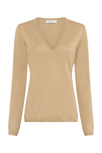 Clementia Knit V-Neck Sweater in Hay Cashmere Silk