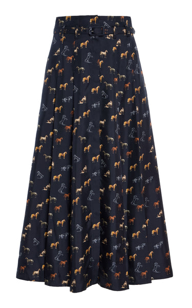 Dugald Pleated Midi Skirt in Dark Navy Multi Printed Silk Twill