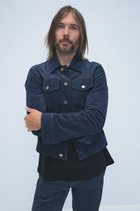 Barry Trucker Jacket in Electric Navy Suede Corduroy