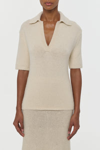 Sohan Knit Short Sleeve Polo in Off White Cashmere