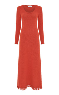 Maribel Fringe Knit Maxi Dress in Antelope Orange Cashmere
