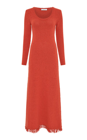 Maribel Fringe Knit Maxi Dress in Antelope Orange Cashmere