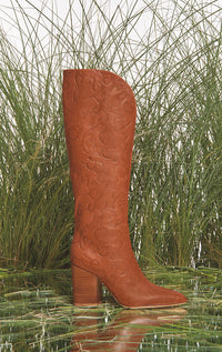 Cora Debossed Knee-High Boots in Cognac Leather