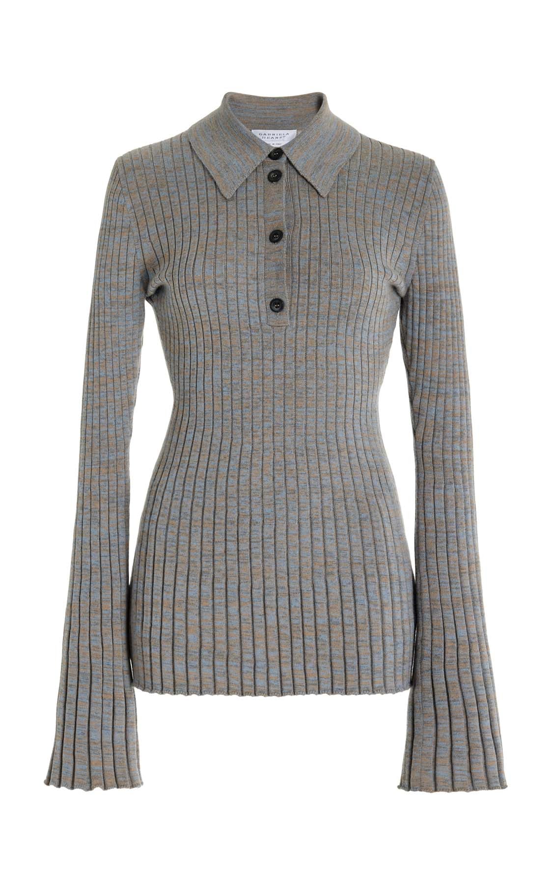 ライトブルーメランジカシミアのアラムニットポロ