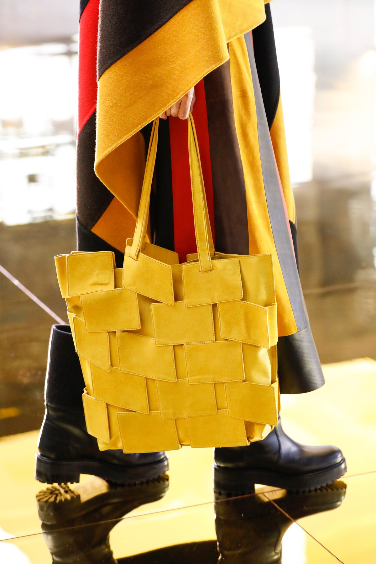 Laquered Patchwork Tote Bag in Golden Birch Suede