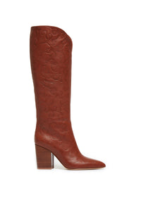 Cora Debossed Knee-High Boots in Cognac Leather