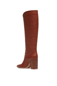 Cora Debossed Knee-High Boots in Cognac Leather