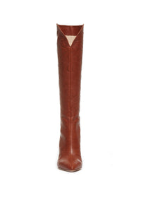 Cora Debossed Knee-High Boots in Cognac Leather