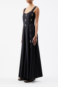 Gail Dress in Black Sportswear Wool with Gold Bars