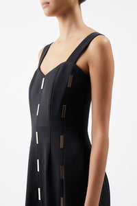 Gail Dress in Black Sportswear Wool with Gold Bars