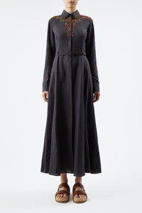 Mcgraw Embroidered Shirtdress in Charcoal Aloe Linen