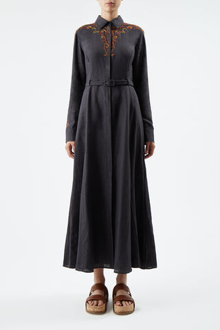 Mcgraw Embroidered Shirtdress in Charcoal Aloe Linen