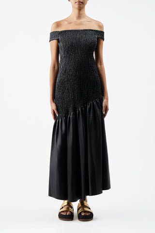 Veloso Shirred Dress in Black Nappa Leather