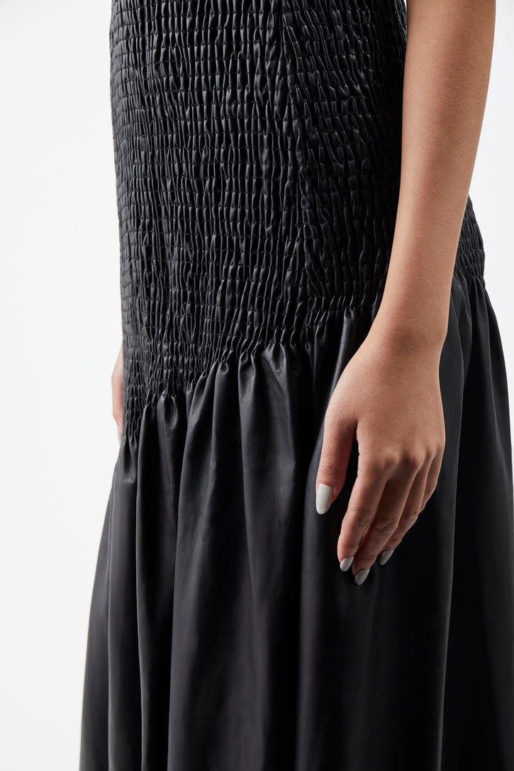 Veloso Shirred Dress in Black Nappa Leather