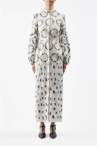Mauri Embroidered Shirtdress in Ivory Linen Silk
