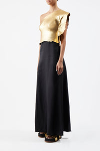 Cleis Dress in Black Silk Cady & Gold Metallic Nappa Leather