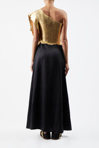 Cleis Dress in Black Silk Cady & Gold Metallic Nappa Leather