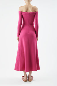 Carole Embroidered Dress in Fuchia Virgin Wool Crepe