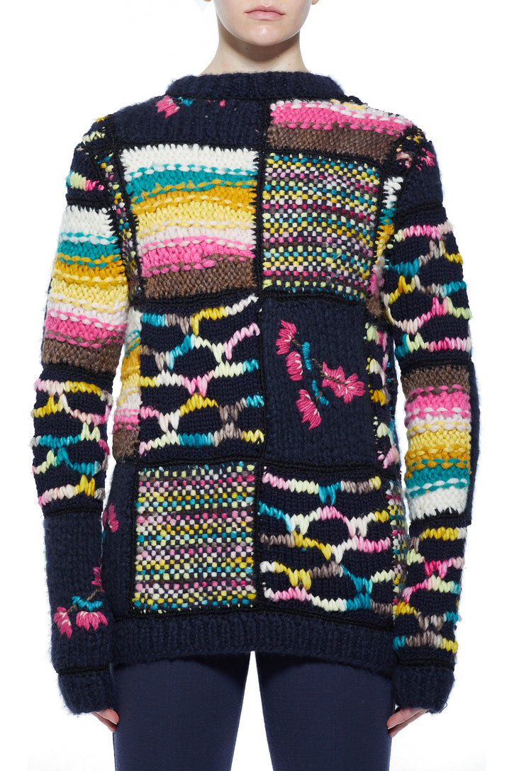 Lawrence Patchwork Knit Sweater in Dark Navy Multi Welfat Cashmere