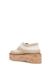 Louis Platform Brogue in White Leather & Natural Raffia