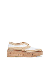 Louis Platform Brogue in White Leather & Natural Raffia